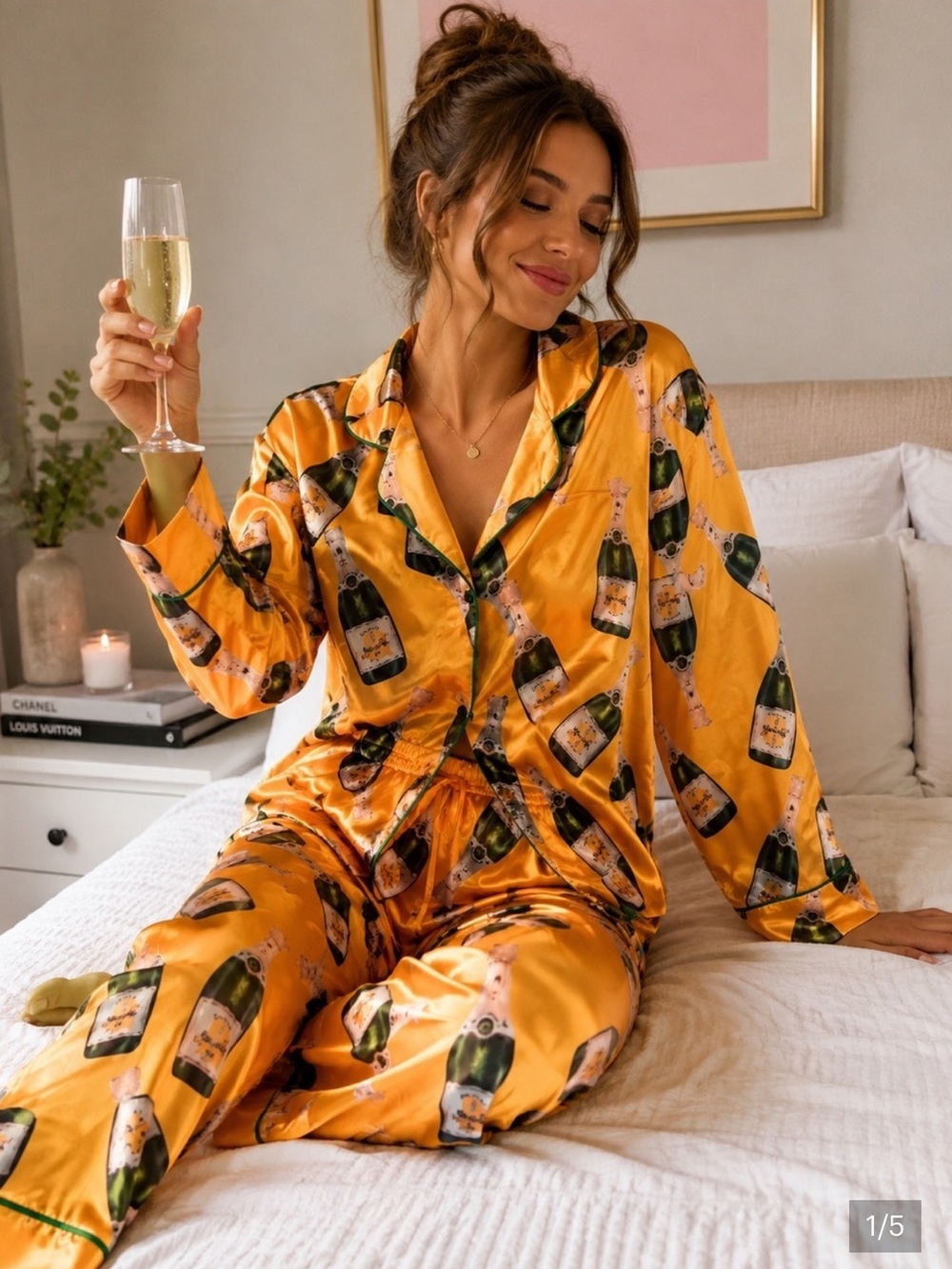 Champagne Print Satin Pajama Set - SHESHOW 🍾